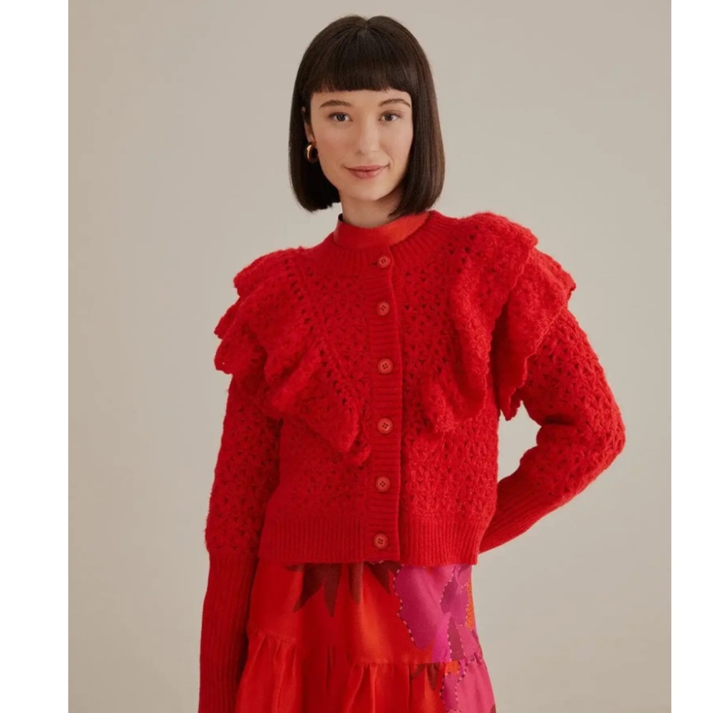 NWT Farm Rio RED Flower Knit Cardigan Sweater SIZE S